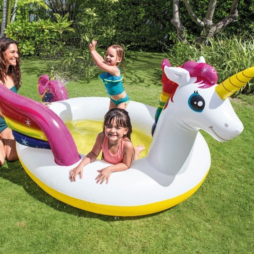 Inflatable pool for kids shaped like a rainbow unicorn.