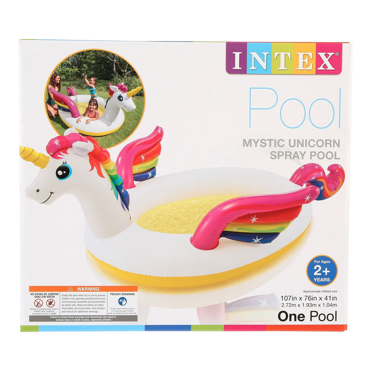 Inflatable pool for kids shaped like a rainbow unicorn.