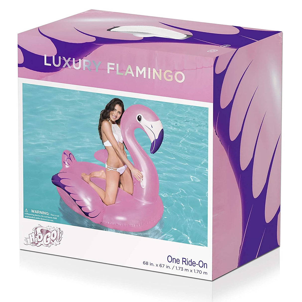 Ride on pool inflatable shaped like a pink flamingo.