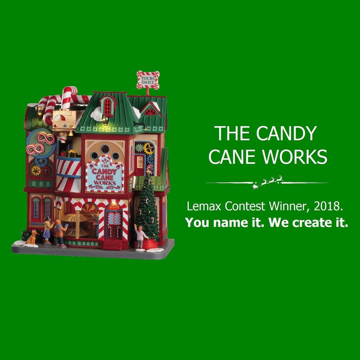 Polyresin building for a Lemax display. Designed to look like a very colorful candy store. The pipes on top are designed to look like candy canes. There are colorful gears visible and you can see presents rotating inside. There are kids looking at the candy and a girl admiring a decorated Christmas tree. There's also a dog wearing a Santa hat on the sidewalk.