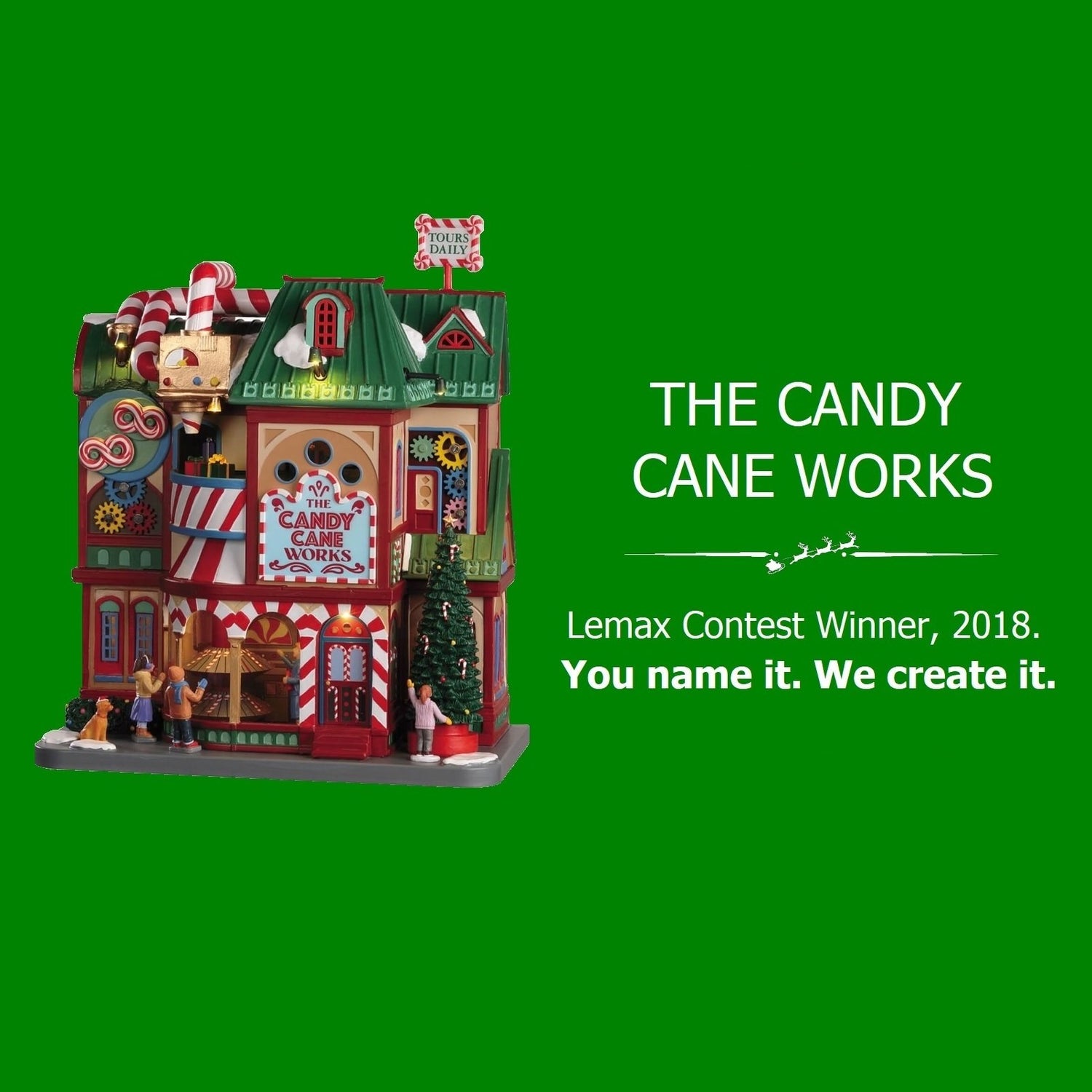 Polyresin building for a Lemax display. Designed to look like a very colorful candy store. The pipes on top are designed to look like candy canes. There are colorful gears visible and you can see presents rotating inside. There are kids looking at the candy and a girl admiring a decorated Christmas tree. There's also a dog wearing a Santa hat on the sidewalk.