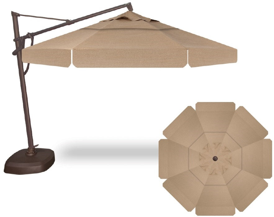 11' Octagon Cantilever Umbrella in a Bronze Frame with a Sesame Linen Canopy with Base