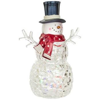 This image shows the clear snowman decoration on a white background. He's wearing a black top hat and a red scarf.