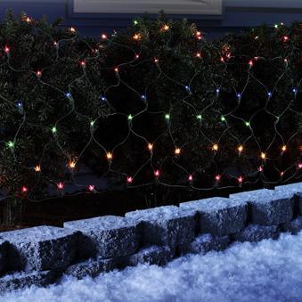 Basically a blanket of lights. You can wrap it around tree trunks, you can throw it over a bush, etc. There are different color options. These lights are multi-colored.
