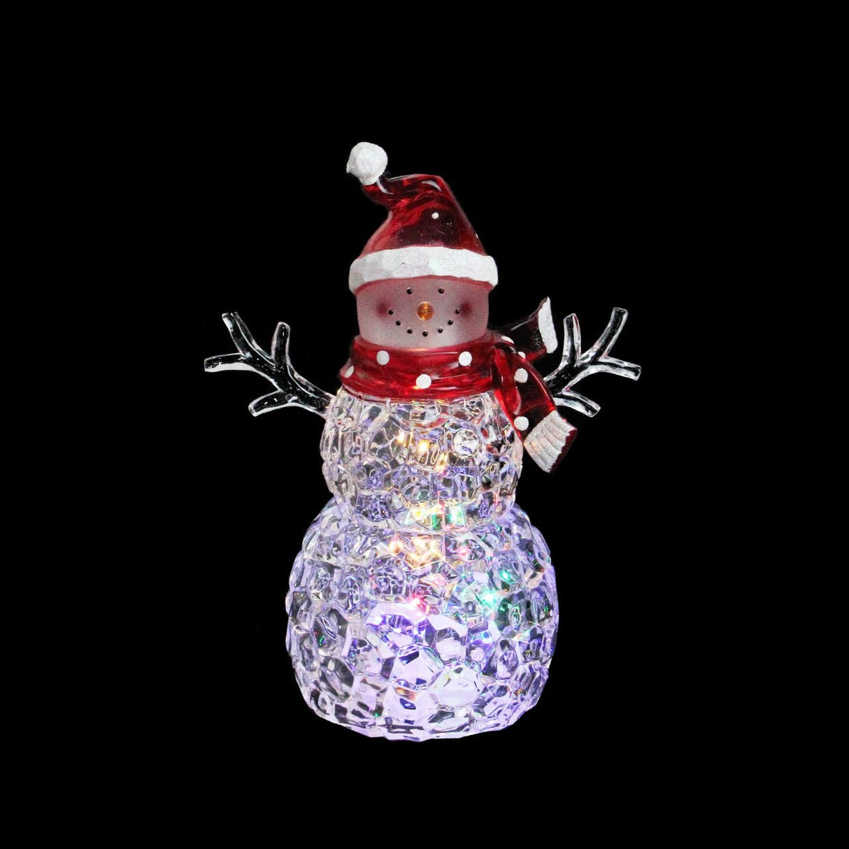 This image shows the clear snowman decoration with the red hat and red scarf. The lights inside are on.