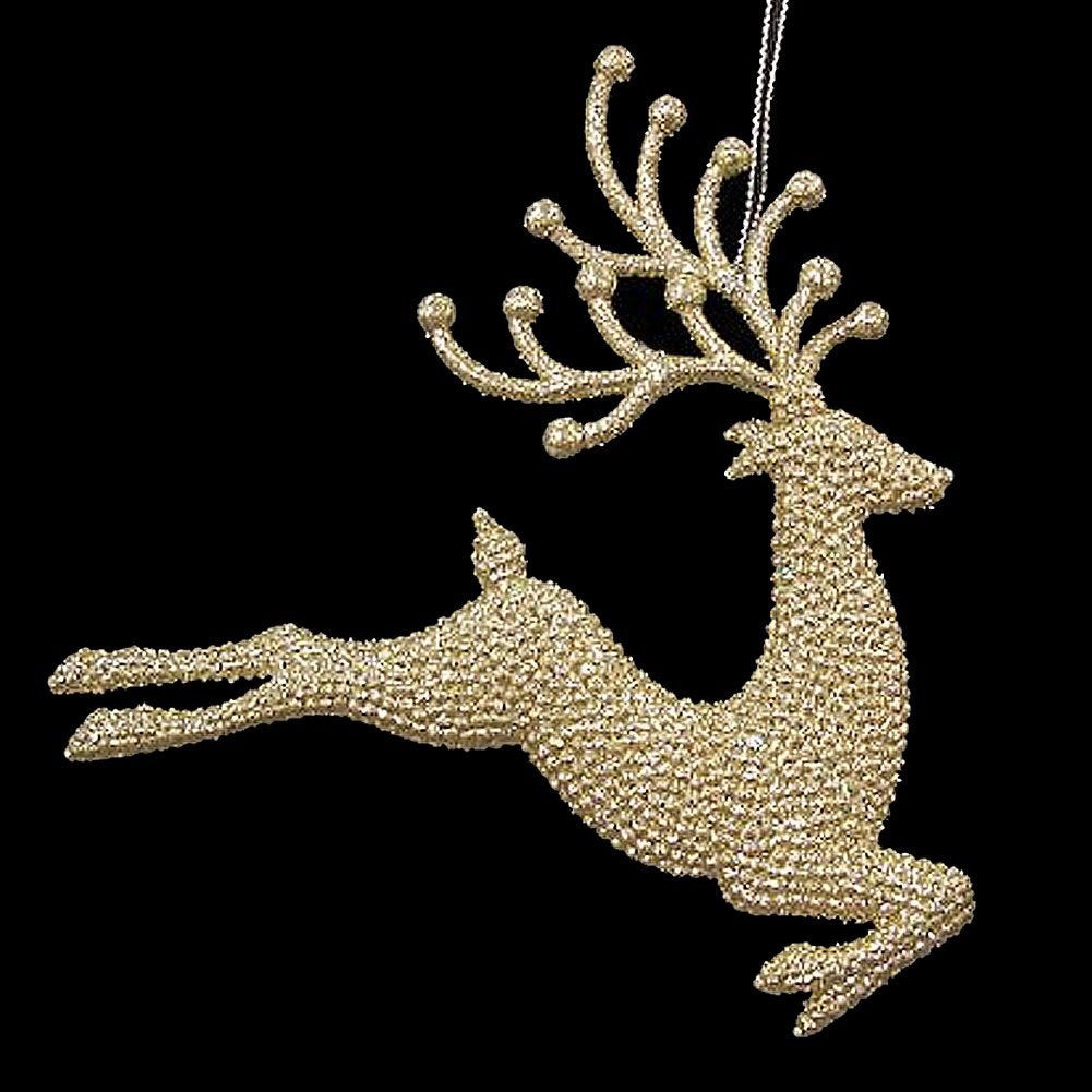 Gold ornaments shaped like reindeer.