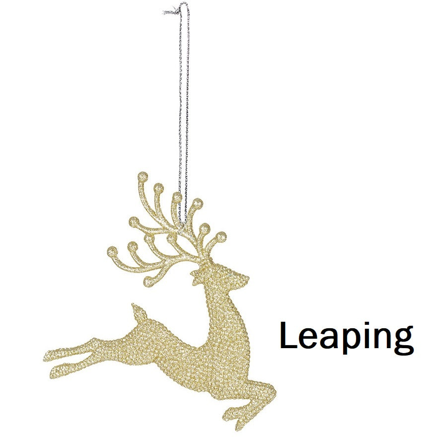 Gold ornaments shaped like reindeer.