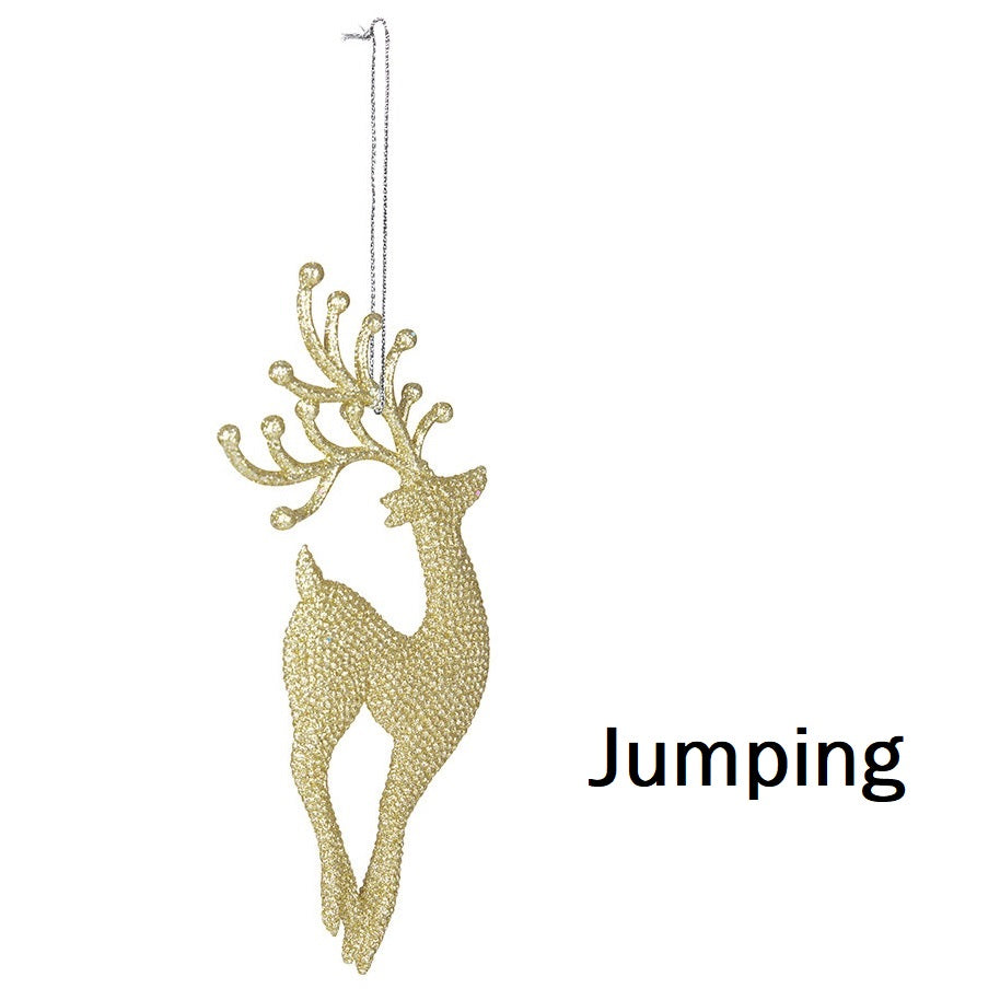 Gold ornaments shaped like reindeer.