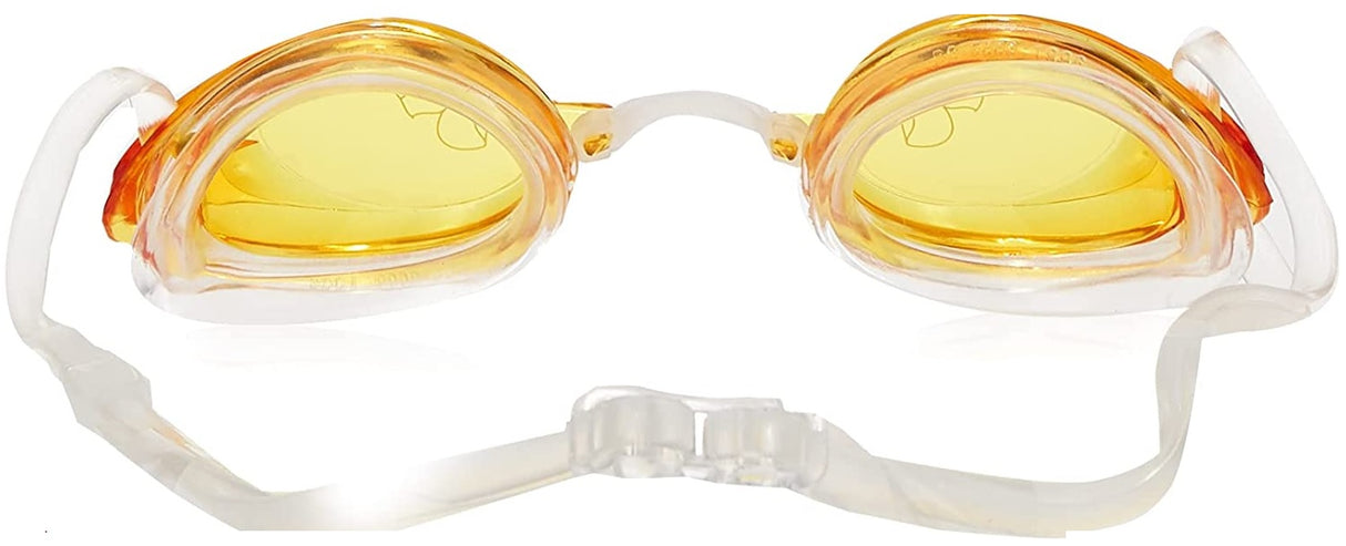 Clear swimming goggles with yellow eye cups.
