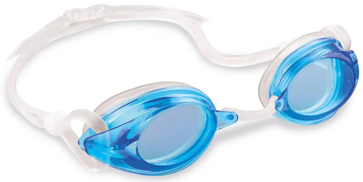 Clear swimming goggles with blue eye cups.