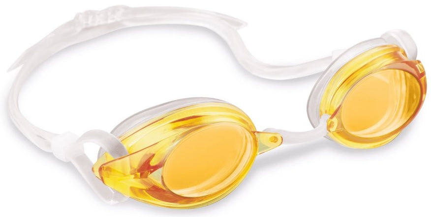 Clear swimming goggles with yellow eye cups.