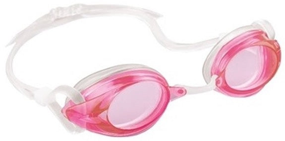 Clear swimming goggles with pink eye cups.