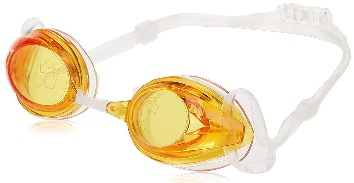 Clear swimming goggles with yellow eye cups.