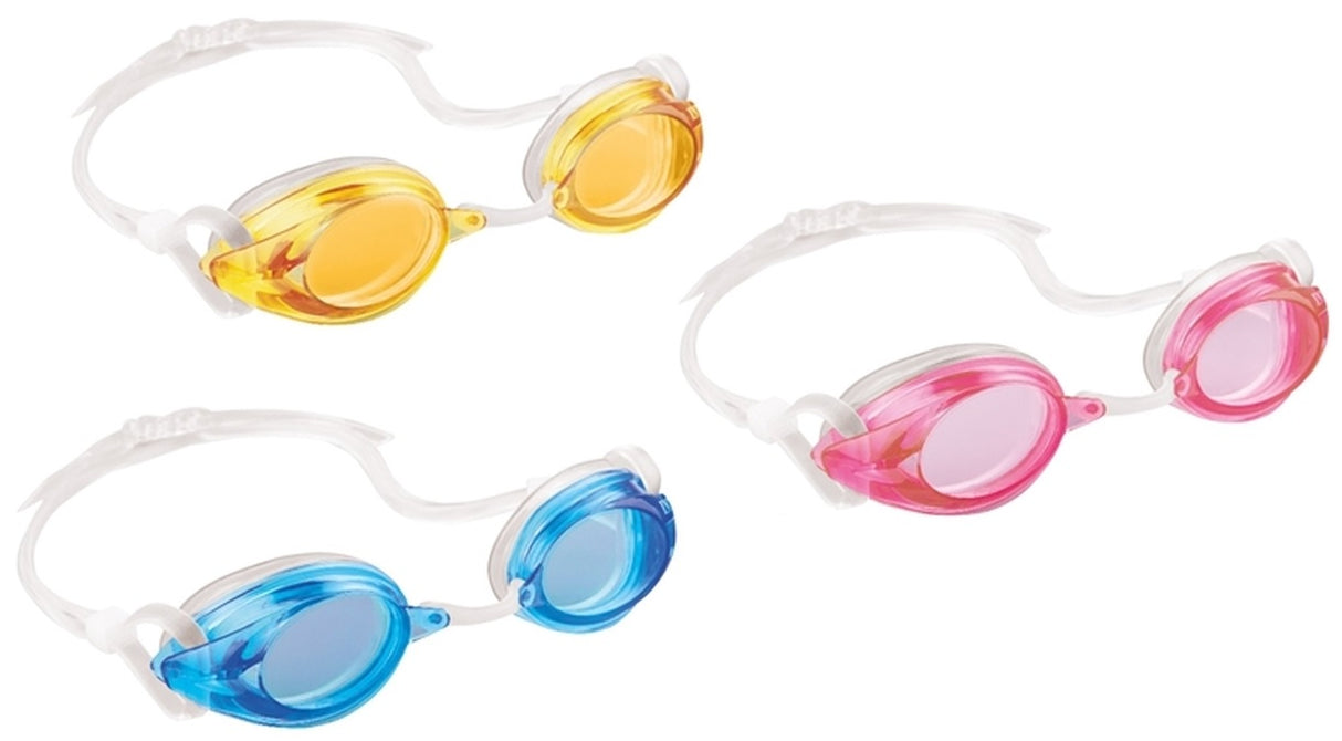 Clear swimming goggles with three different color options: yellow, blue or pink.