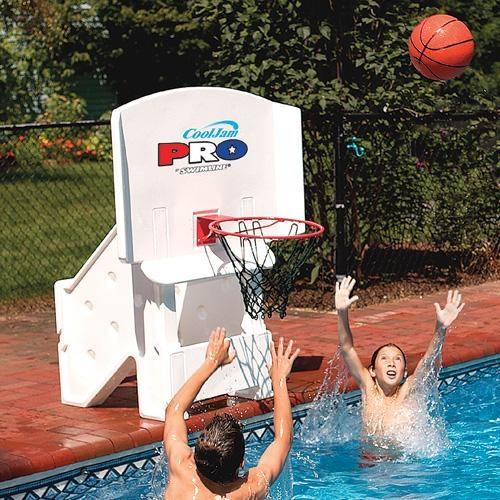 Poolside basketball hoop.