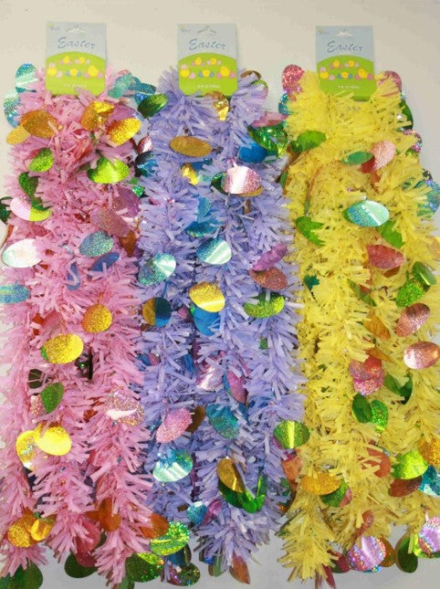 Options are pink garland, purple garland or yellow garland. Each garland is made of tinsel and features multi-colored shiny eggs