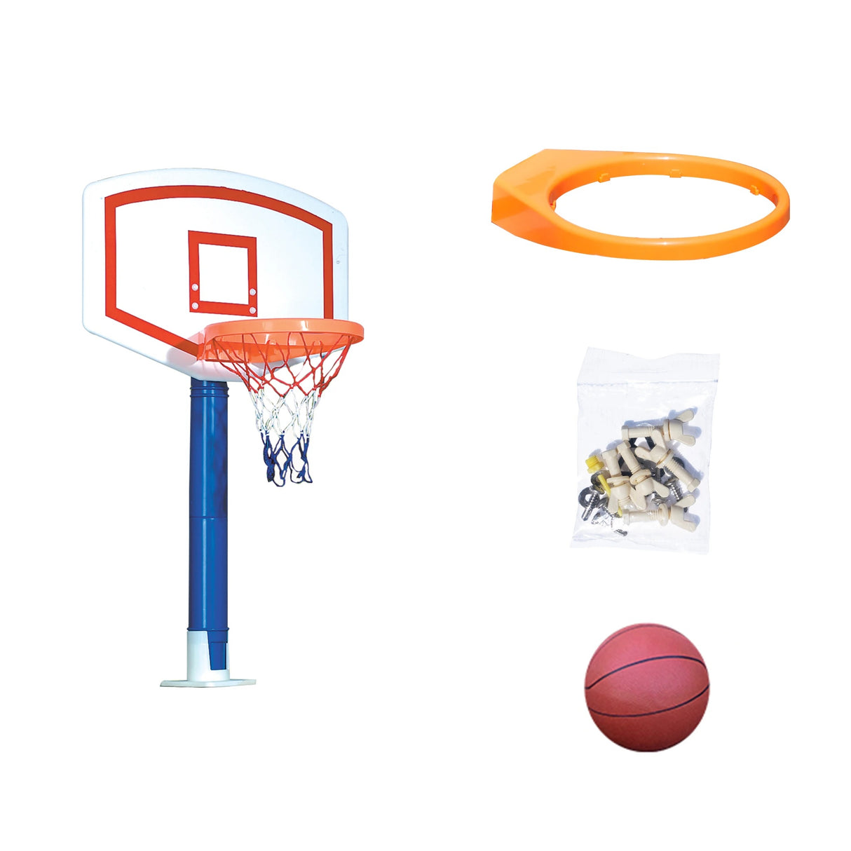 Pool basketball hoop with basketball.