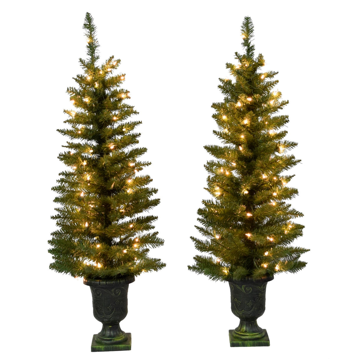 Set of 2 small trees in pots. Each tree is pre-lit with clear lights.