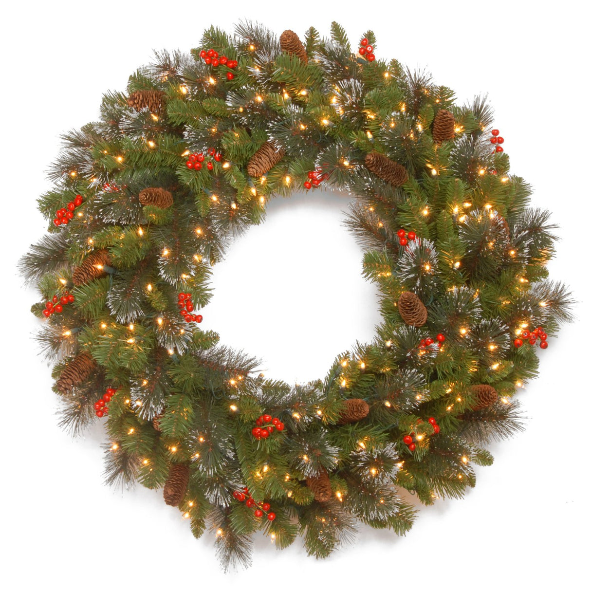 Pre-Lit Classic Spruce Wreath with Warm White Lights, Pine Cones and Berries