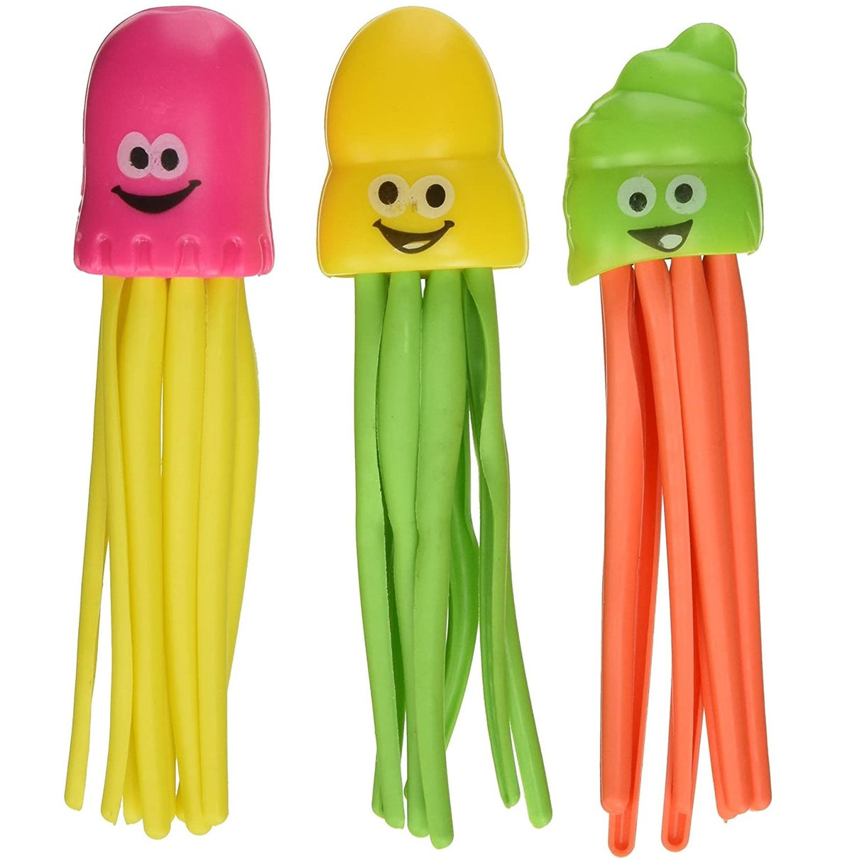 Pool dive toy shaped like an octopus. They're multi-colored and have cute, smiling faces.