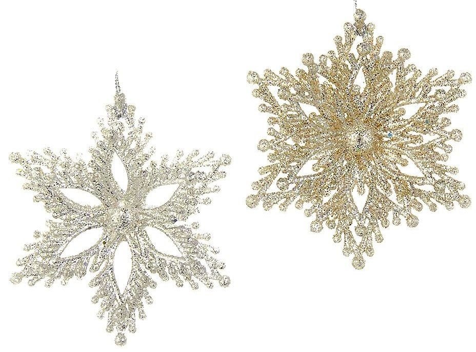 Glittery snowflake shaped ornaments.