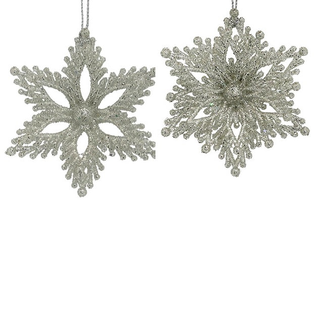 Glittery snowflake shaped ornaments.