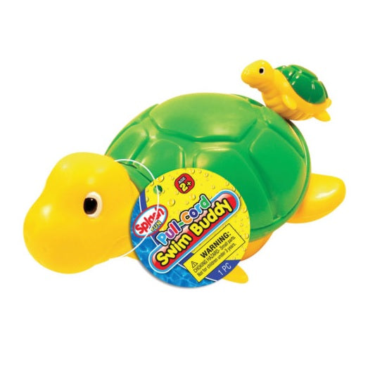 Pool toys shaped like a duck, a clownfish or a turtle. Each has a cord that you pull so that the toy moves like it's swimming in the water.