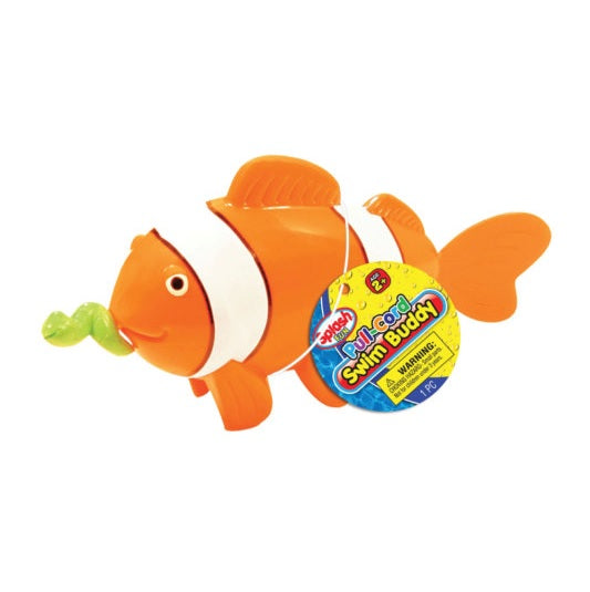 Pool toys shaped like a duck, a clownfish or a turtle. Each has a cord that you pull so that the toy moves like it's swimming in the water.