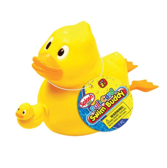 Pool toys shaped like a duck, a clownfish or a turtle. Each has a cord that you pull so that the toy moves like it's swimming in the water.