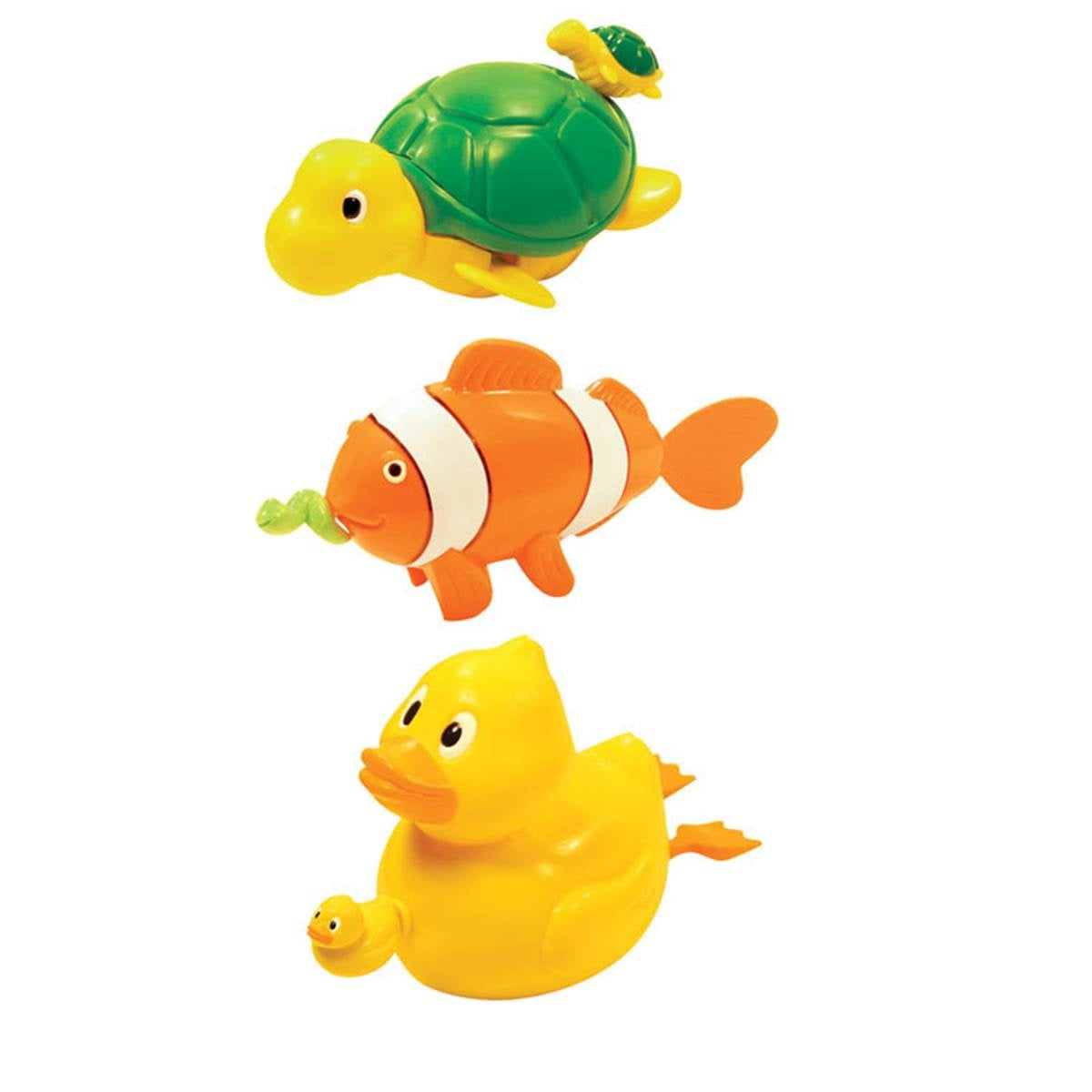 Pool toys shaped like a duck, a clownfish or a turtle. Each has a cord that you pull so that the toy moves like it's swimming in the water.