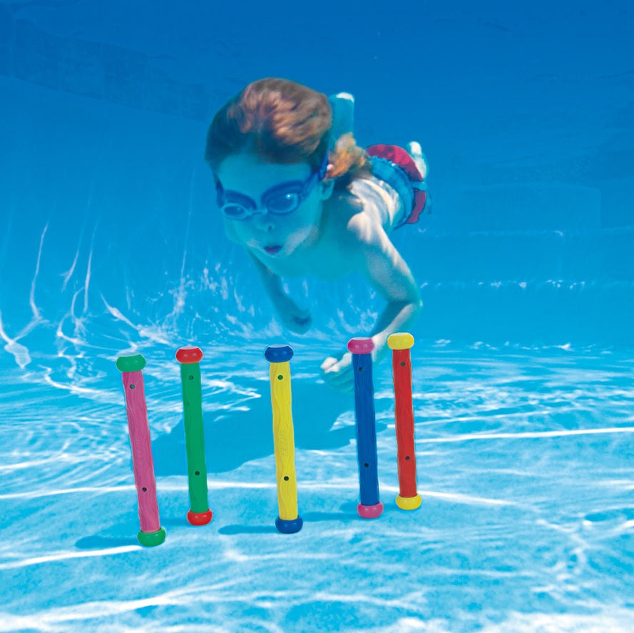 Set of 5 multi-colored sticks you throw in the pool and dive for.