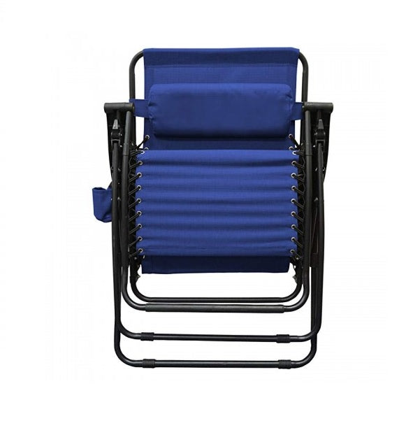The blue folding chair closed.