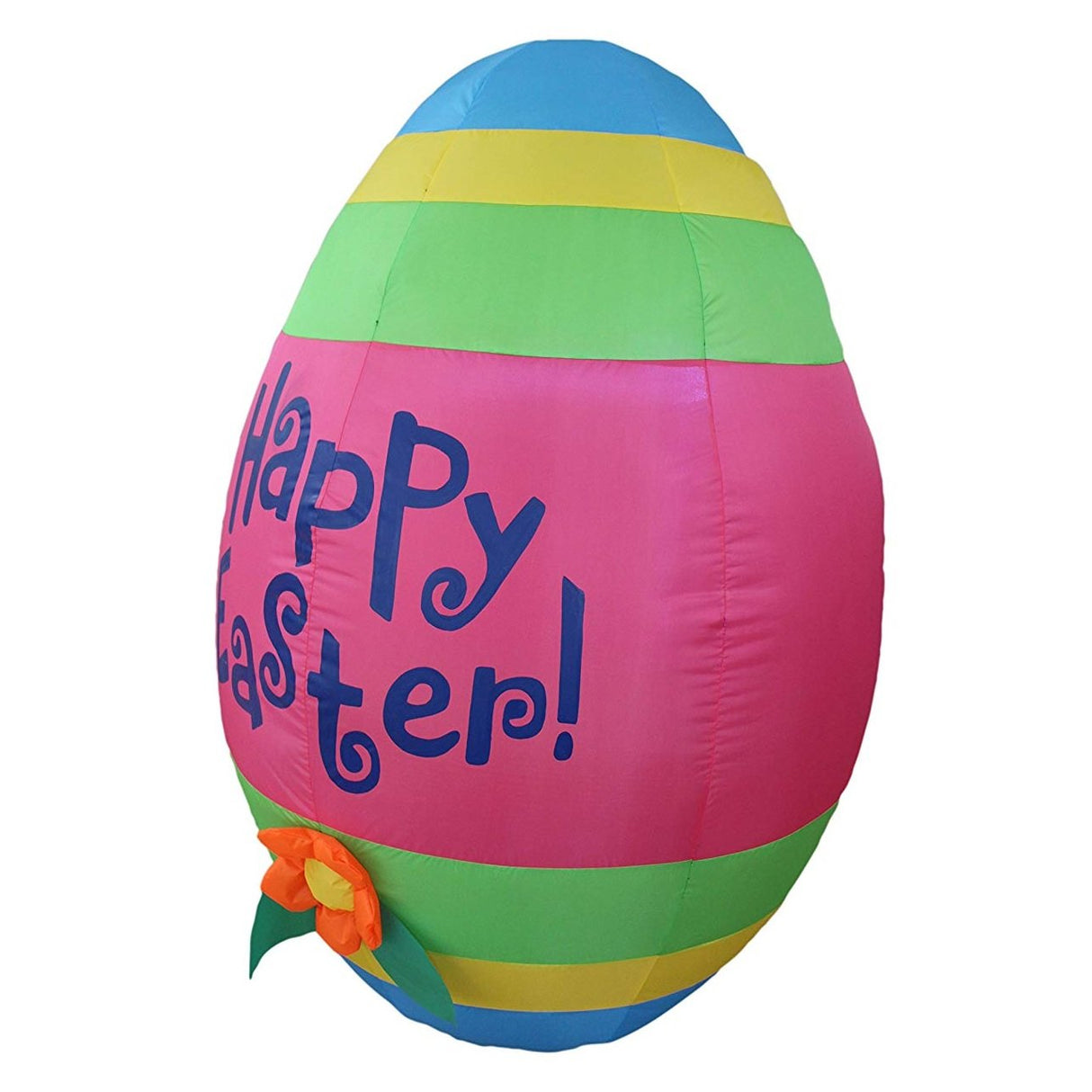 A side view of an inflatable egg for decorating outside. It reads "Happy Easter" in a fun font. The egg is blue, yellow, lime green and pink. It features a cute little orange flower at the bottom