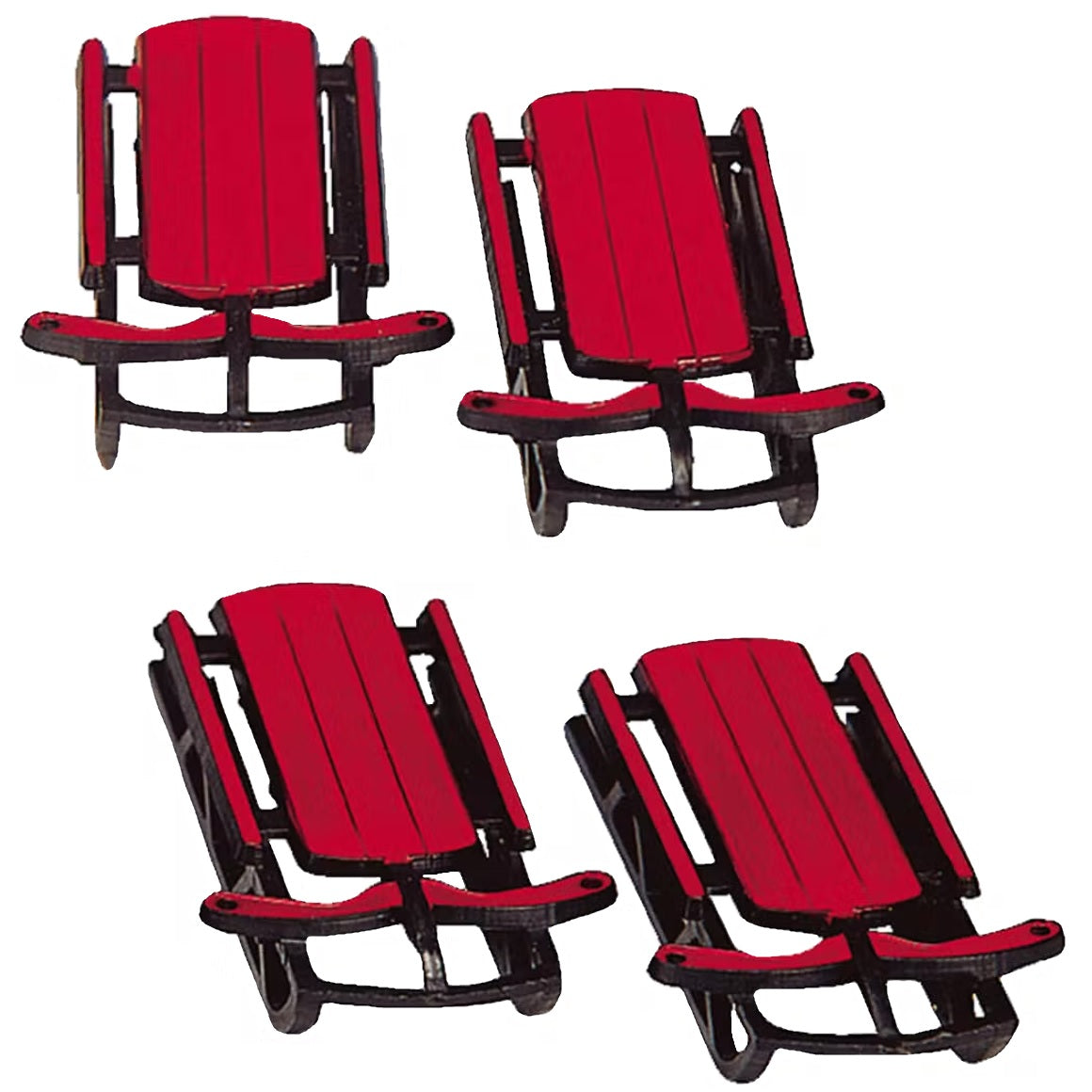 Four plastic village accessories for a Lemax display. Designed to look like red winter sleds.