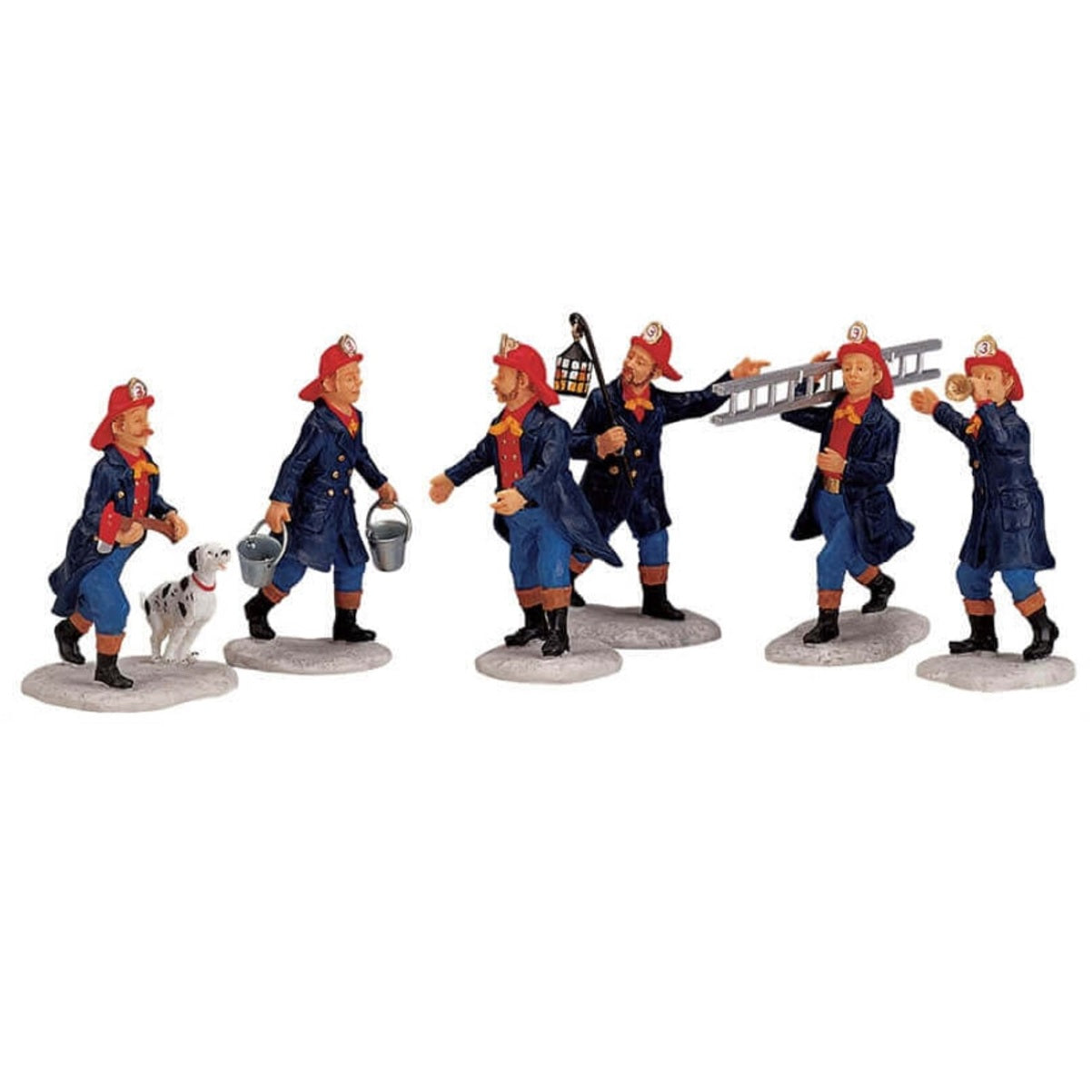 Polyresin figurines for a Lemax display. Designed to look like six firefighters all holding different items such as a bucket, a lantern and a ladder. There's also a Dalmatian with a red collar.