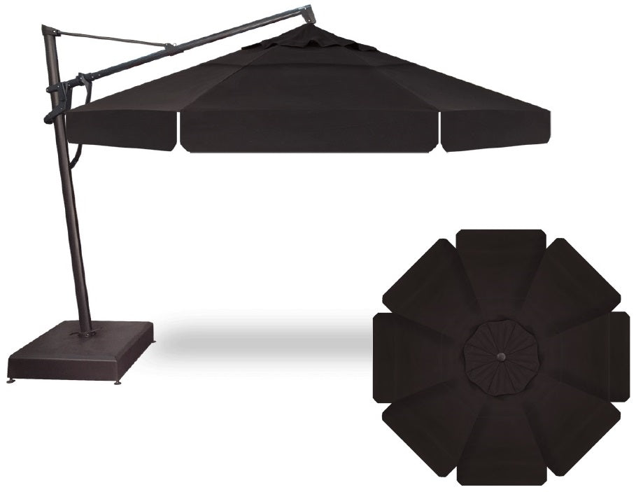 Octagon-shaped market umbrella with a black frame and a black colored fabric.