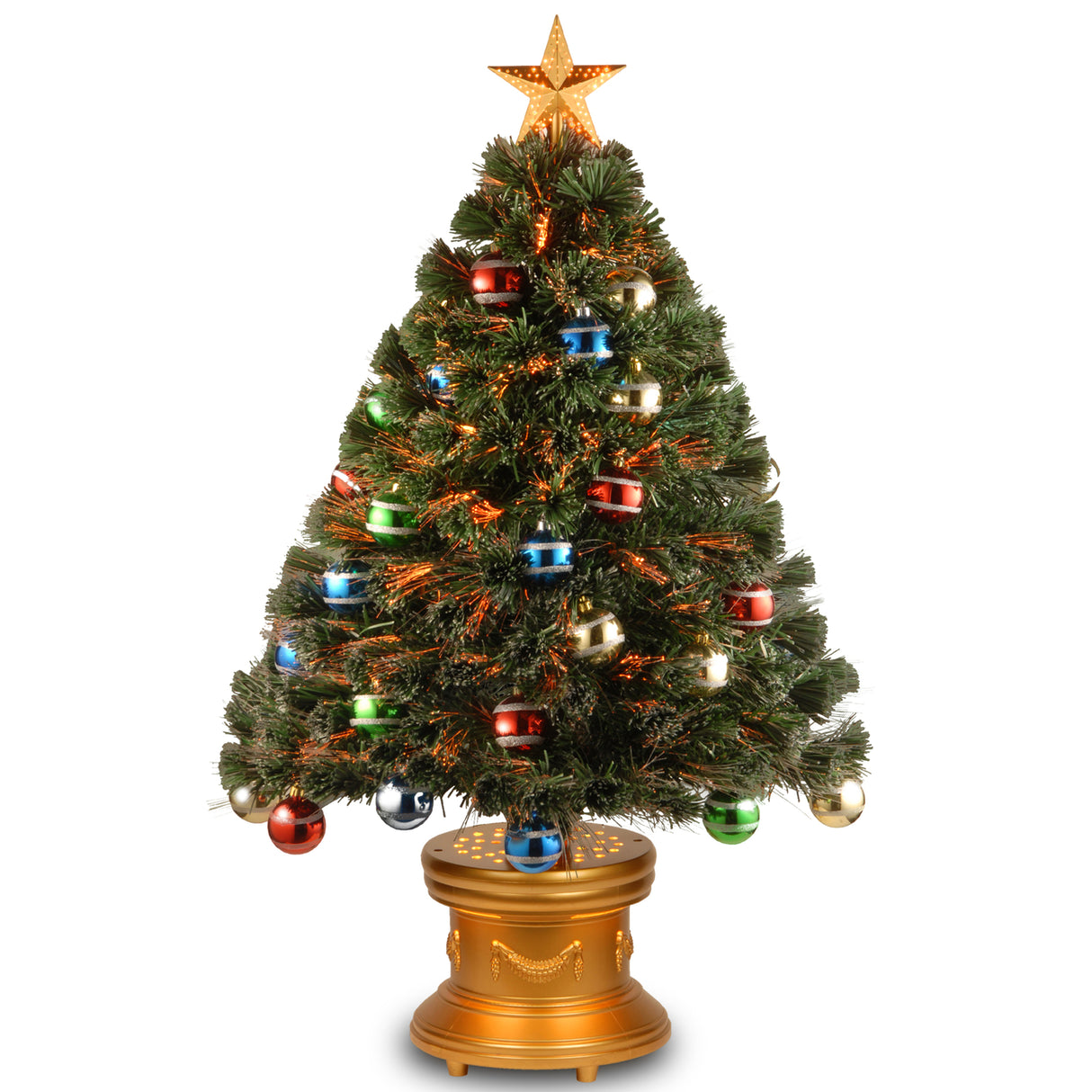 3 ft. fiber optic tree with multi-colored, glittered ball ornaments, a gold base and a star on top.
