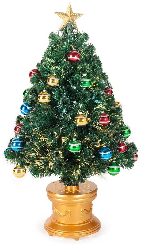 3 ft. fiber optic tree with multi-colored, glittered ball ornaments, a gold base and a star on top.