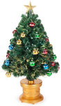 3 ft. fiber optic tree with multi-colored, glittered ball ornaments, a gold base and a star on top.