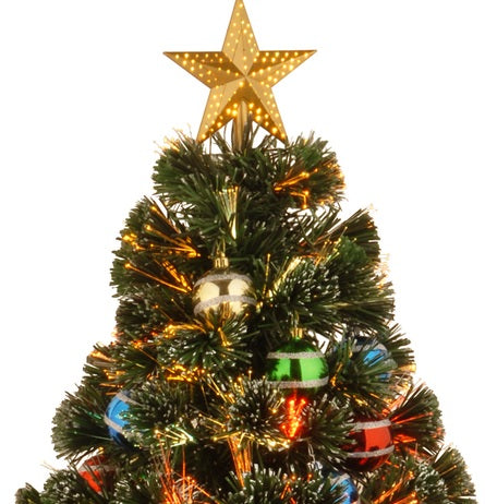 4 ft. fiber optic tree with multi-colored, glittered ball ornaments and a gold base.