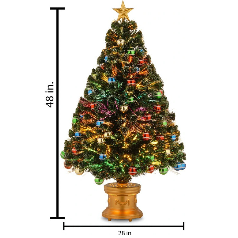 4 ft. fiber optic tree with multi-colored, glittered ball ornaments and a gold base.