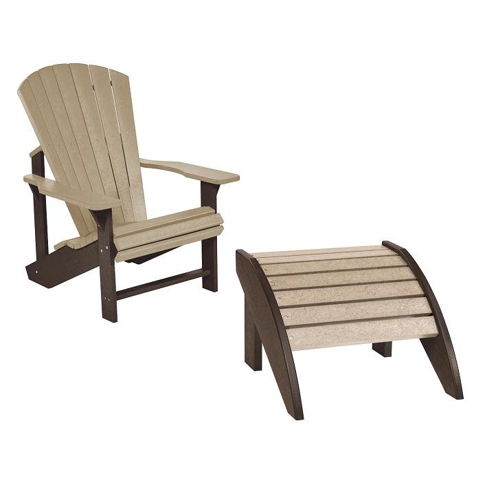 A brown and tan adirondack chair and a matching footstool
