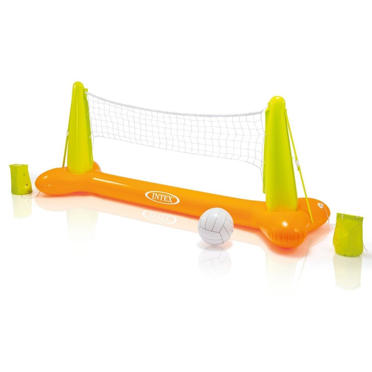 This image shows the inflatable volleyball net and the volleyball on a white background. This net is yellow and orange.