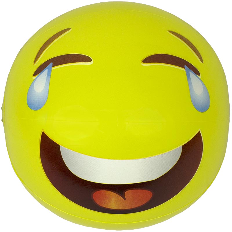 Yellow beach ball designed to look like an emoji. This one looks like it's laughing so hard it's crying.