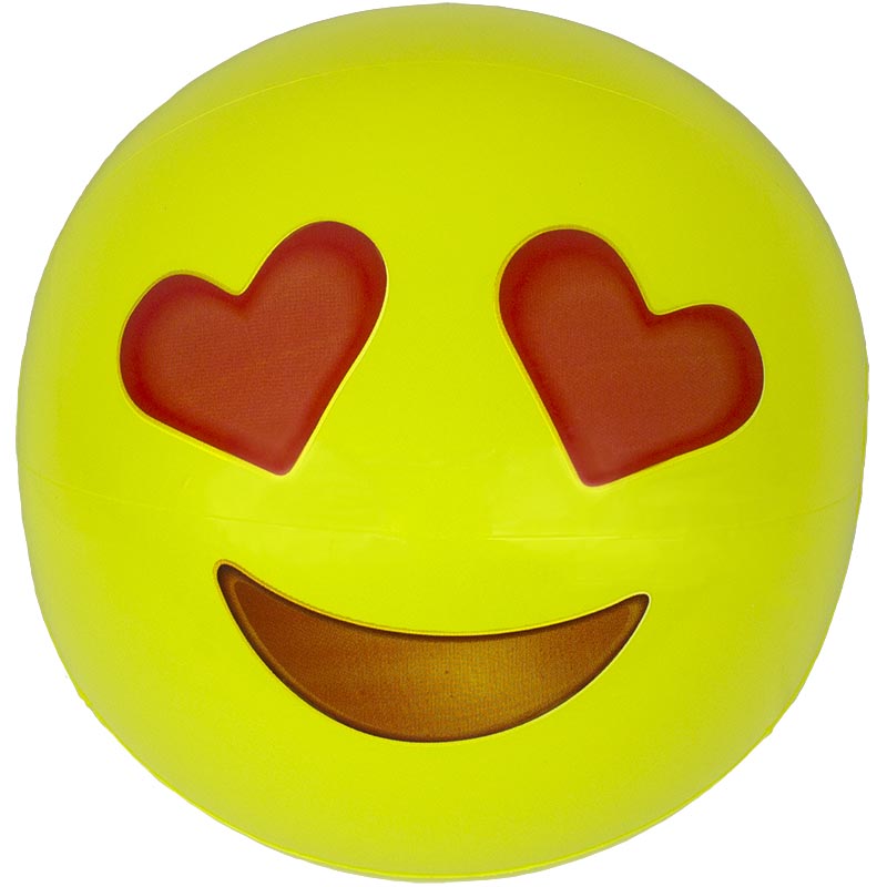 Yellow beach ball designed to look like an emoji. This one looks like it's smiling with heart eyes.