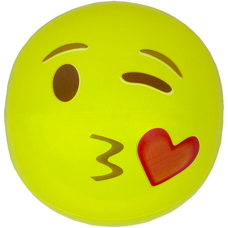 Yellow beach ball designed to look like an emoji. This one looks like it's winking and blowing a kiss.