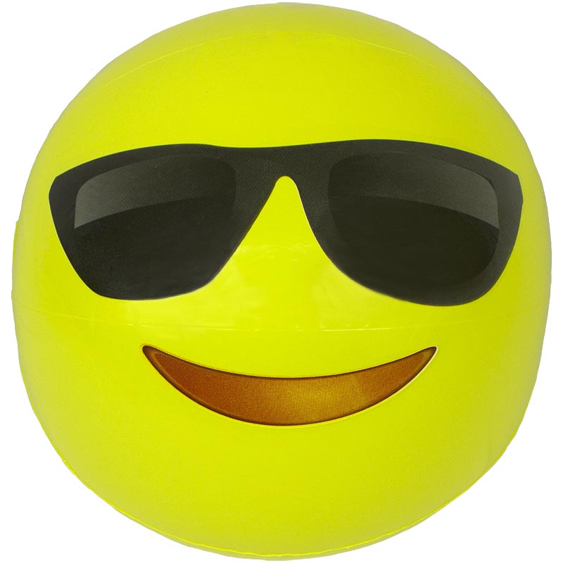 Yellow beach ball designed to look like an emoji. This one looks like it's smiling and wearing black sunglasses.