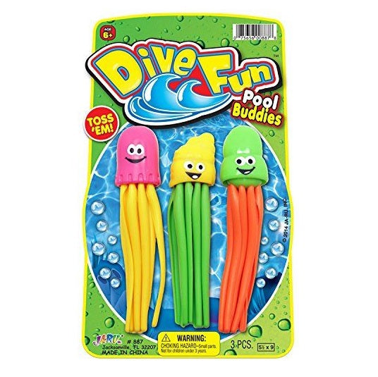 Pool dive toy shaped like an octopus. They're multi-colored and have cute, smiling faces.