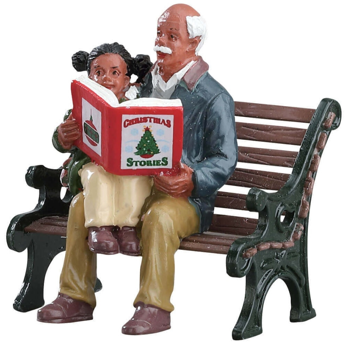 Village accent for a Lemax display. Designed to look like a Grandpa reading Christmas stories to a young girl who is sitting on his lap. They're both sitting on a wooden bench.