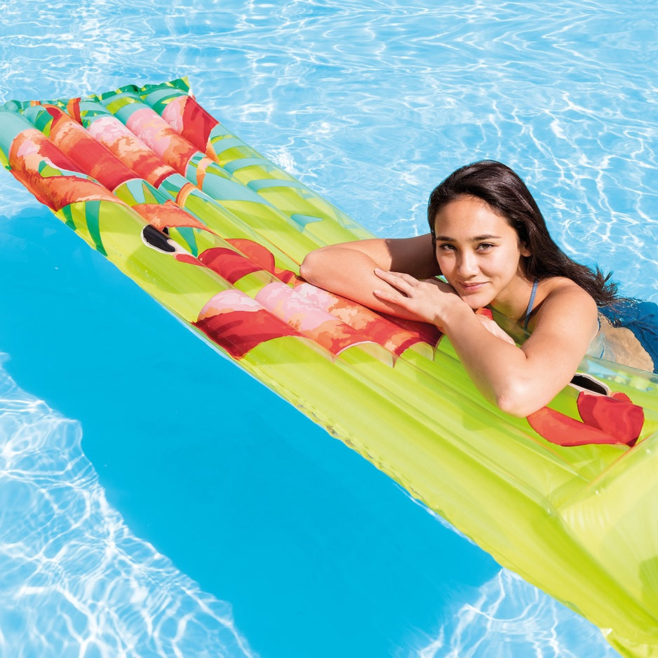 Pool mattress decorated with pink flamingos and green leaves.